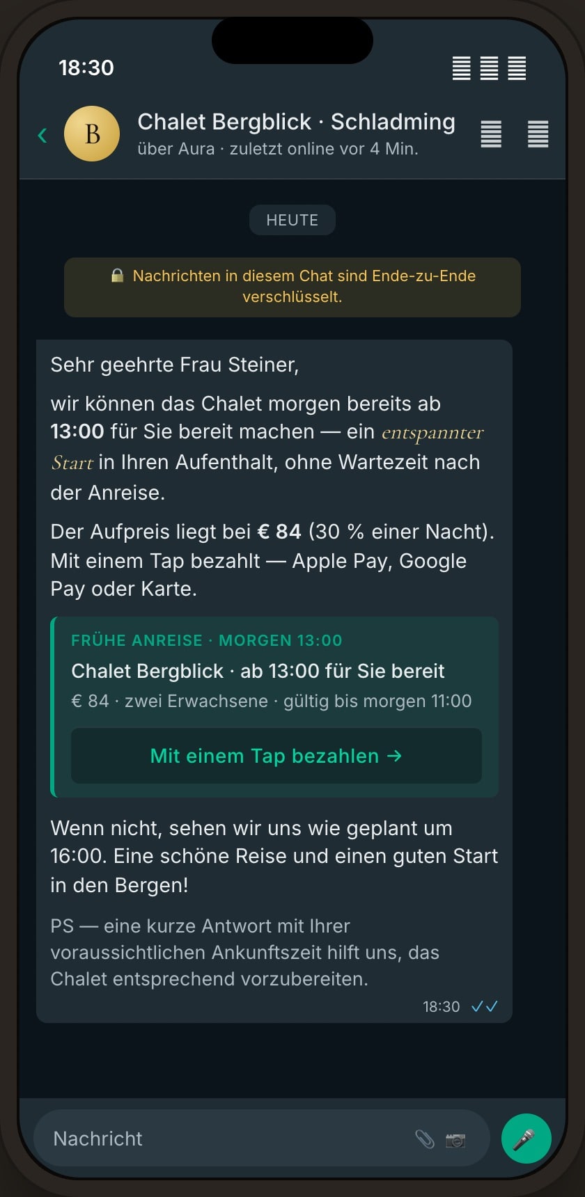 WhatsApp-Nachricht im Namen des Hauses, 48 Stunden vor Anreise — bietet eine frühere Anreise an, mit transparentem Preis und einem Tap zum Bezahlen.